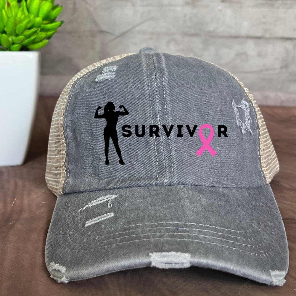 Ponytail Distressed Vintage Cap Messy High Bun Washed Baseball Cap breast cancer